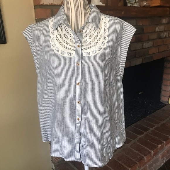 Anthropologie Tops - Anthropologie Maeve Linen Blue Striped Blouse S